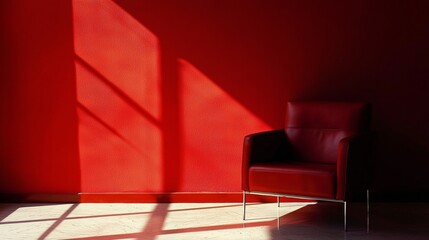 Red leather armchair in a minimalist setting with dramatic shadows