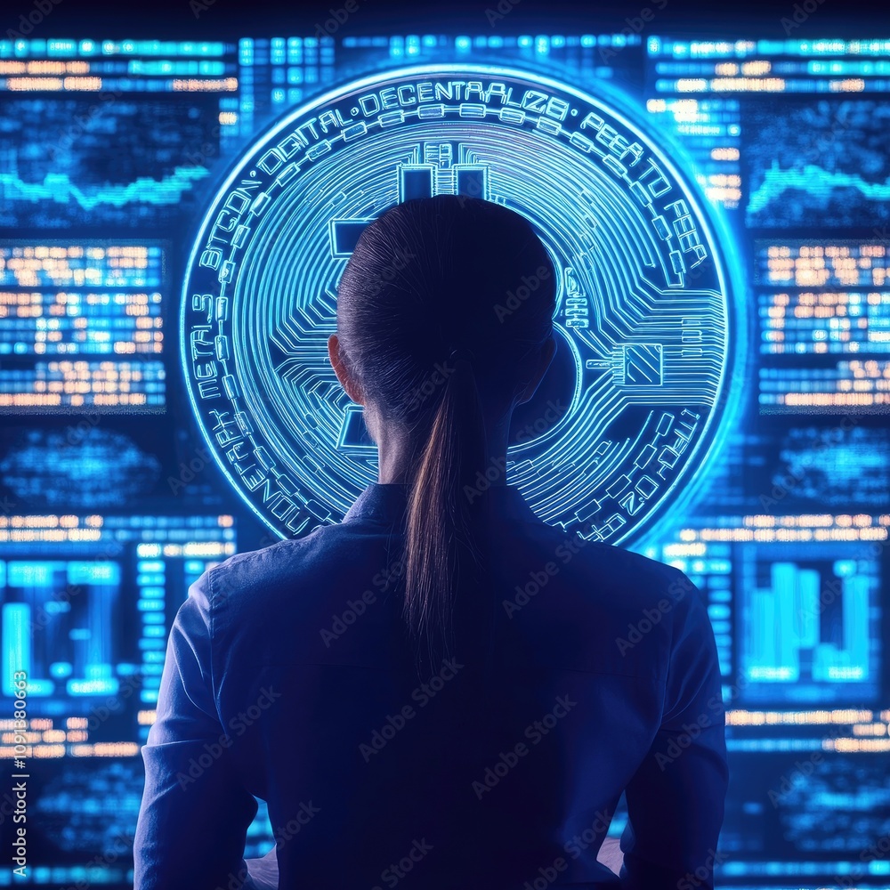 Poster woman observing a bitcoin hologram overlapping with digital code
