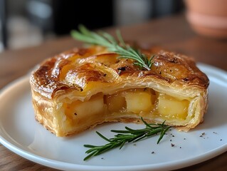 A crispy, golden brown pastry filled with savory filling is served on a white plate