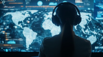 The silhouette of a person wearing headphones is seen looking at a large computer screen. The screen shows a world map, with blue and white lines representing data.
