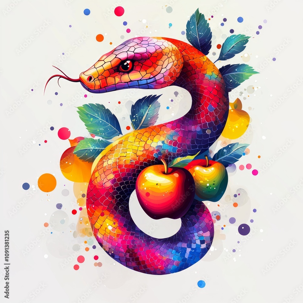 Poster artwork features serpent artistically coiled apple tree portraying bright apples and smooth lines cr