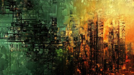 Obraz premium Abstract interpretation of an apocalyptic urban landscape showcasing vivid colors of orange and green with intricate textures, conveying a sense of decay and advanced digital manipulation.