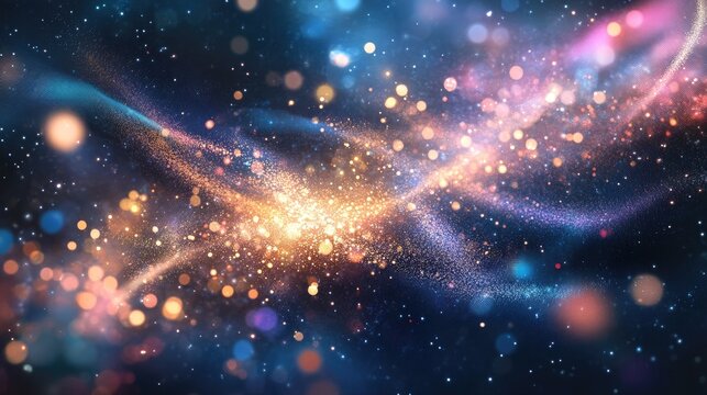 Abstract cosmic landscape featuring vibrant swirls of colorful lights and sparkling particles, symbolizing data-driven insights and harmony in decision-making.