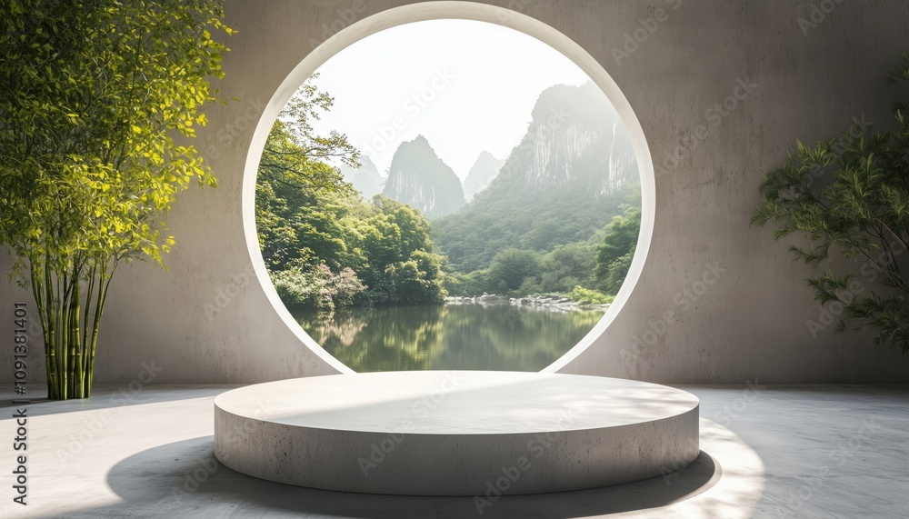 Aufkleber empty concrete room with large circle window and round podium for product presentation set in nature