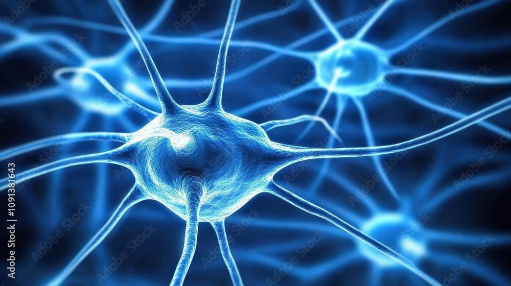Poster close-up view of a neuron network in blue tones, illustrating neural connections.