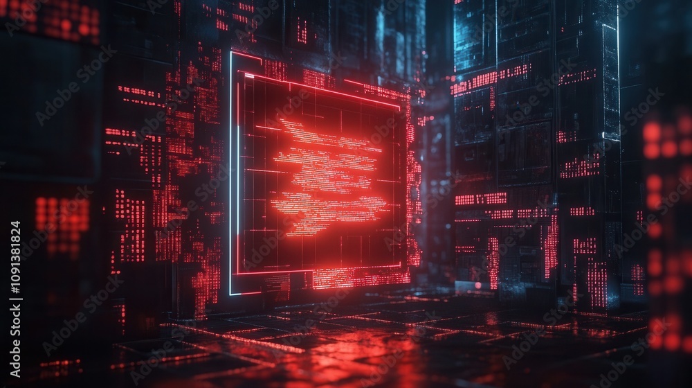 Poster a futuristic, neon-lit digital environment featuring red and blue glowing grids, with dynamic patter