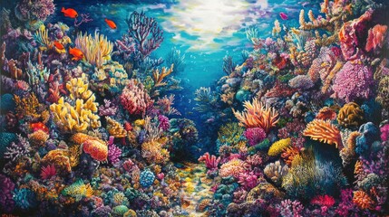Fototapeta premium Vibrant underwater scene depicting a diverse coral reef teeming with colorful corals, vibrant fish, and intricate marine life under a bright sky.