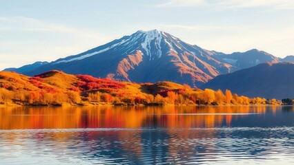 Fototapeta premium Serene Autumn Reflection of Majestic Mount Fuji in Calm Lake, Perfect for Wall Art or Desktop Background
