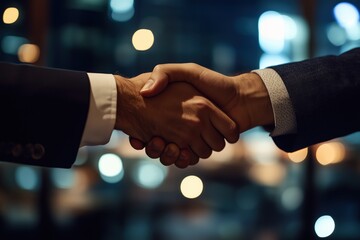 Aperto de mãos entre dois profissionais em ambiente corporativo, simbolizando acordo e parceria, criado por IA generativa.