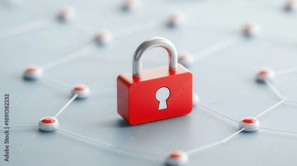 Poster a red padlock stands on a networked surface, symbolizing security and protection in a digital enviro