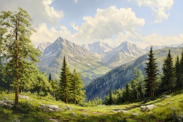 Obraz premium Majestic Summer Mountain Vista - Serene mountain landscape, lush forests, towering peaks, sunny sky, tranquil path. Summer alpine scenery.