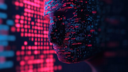 A digital representation of a human face composed of glowing binary code, illustrating the intersection of technology and humanity.