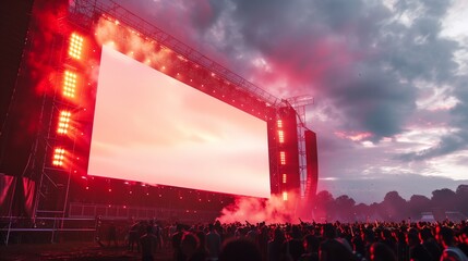 Blank billboard mockup at a music festival, with crowds of people and stage lights