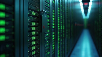 A dimly lit server room filled with rows of servers, featuring glowing green lights that indicate activity and functionality.