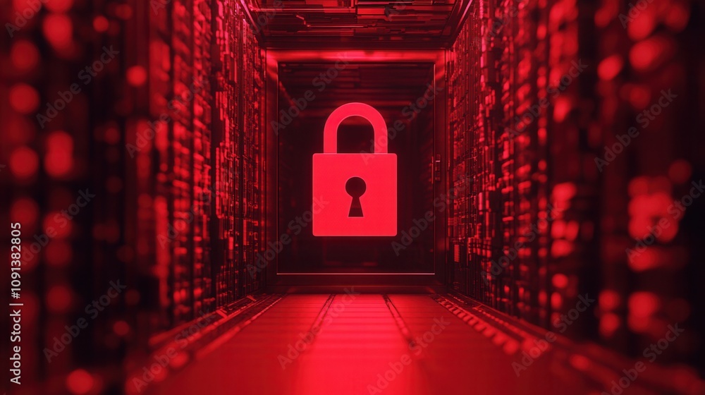 Poster a digital representation of a padlock surrounded by illuminated servers, symbolizing data security a