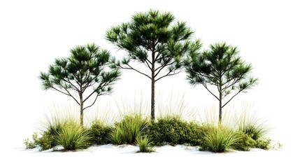 An outdoor image featuring a scrub palmetto along with three trees, set against a backdrop of grass and a few reeds, isolated on a white background.