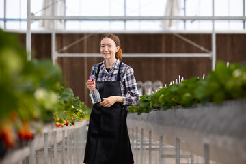 spraying water or insect repellent powder. Happy Smiling caucasian female farmer working in...