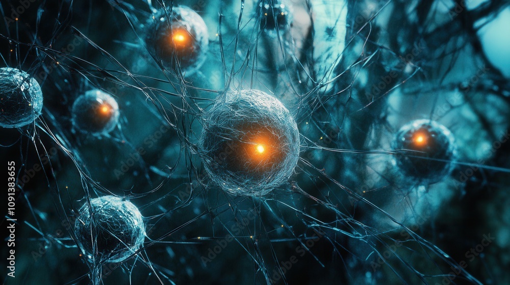 Poster the image depicts a close-up view of glowing cells interconnected by fine strands, creating a vibran