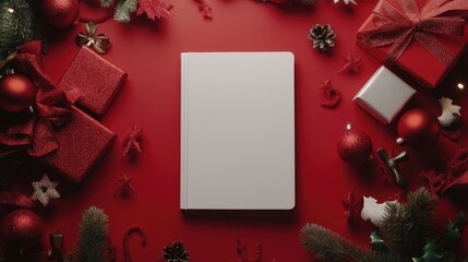 Festive red backdrop with a blank white notebook surrounded by holiday decorations, gift boxes, and vibrant ornaments for customizable designs.