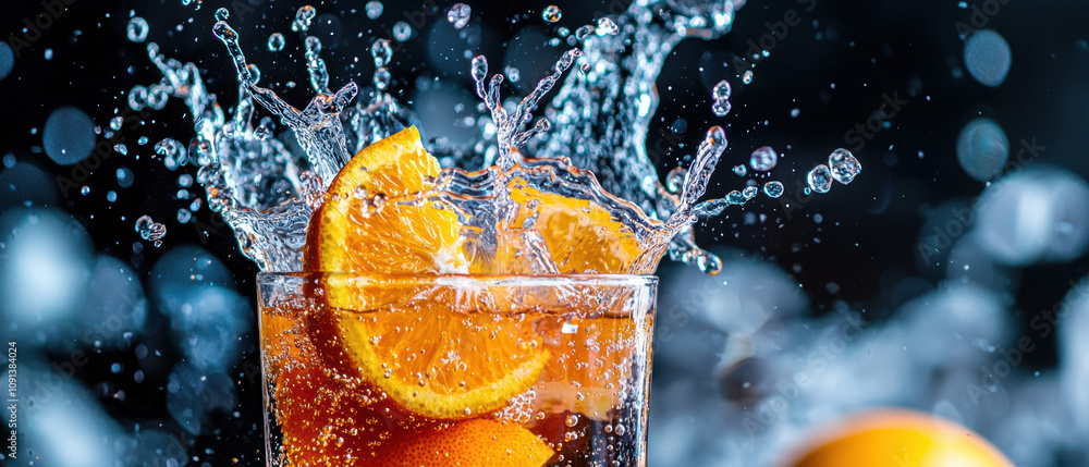 Poster freshly squeezed orange juice with ice and splashes, creating refreshing scene. vibrant orange slice
