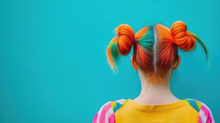 Naklejka premium Colorful pigtails in orange and teal adorned on a girl's head, contrasted against a vivid turquoise background, showcasing a playful and lively vibe.