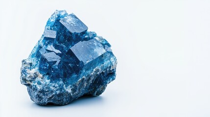 Fototapeta premium Vibrant blue turkvenit semiprecious gemstone showcasing angular crystals and a rough exterior, set against a bright white background for contrast.