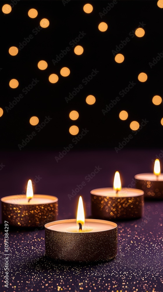 Poster four lit candles on a dark surface with a soft, glowing background create a warm and calming ambianc