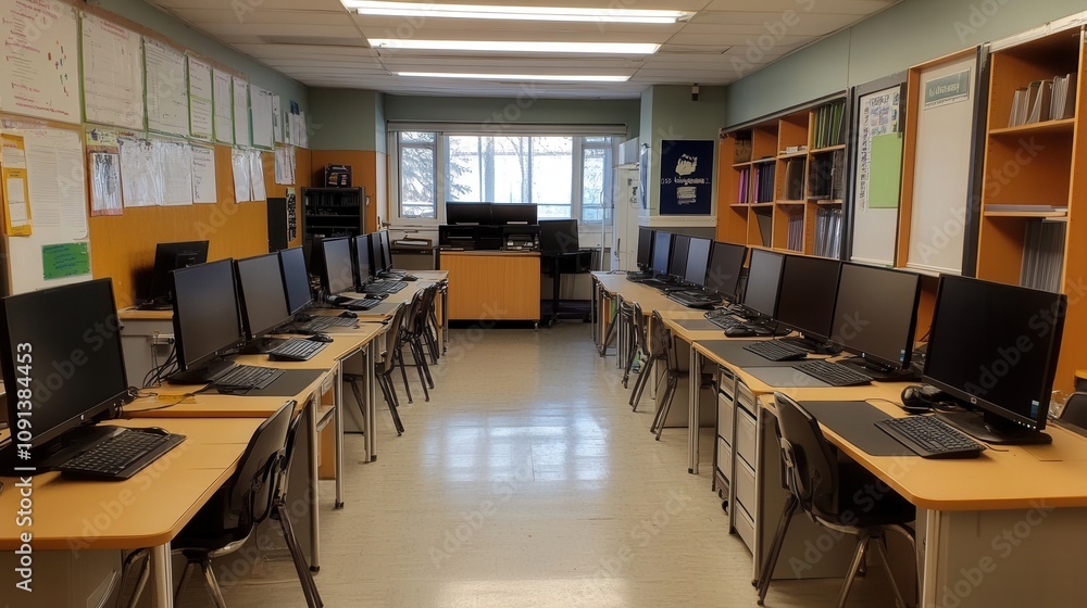 Aufkleber a classroom with computers arranged in rows for educational purposes.