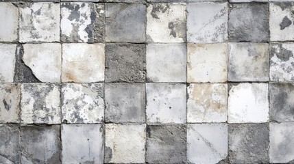 Fototapeta premium Vintage patchwork tiles in gray and white create a textured backdrop, showcasing worn stone, concrete, and cement elements for an antique aesthetic.