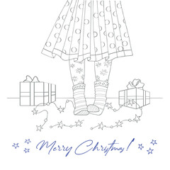 Female silhouette with gift boxes and garland. Winter coloring in hand-drawn style.