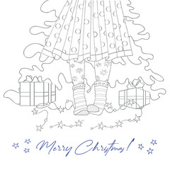 Illustration for New Year and Christmas. Silhouette of a woman against the background of a Christmas tree, gifts and a garland on the floor. Coloring
