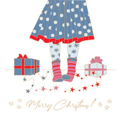 New Year's card for Christmas. Girl on the background of gifts and garland. Sketch style illustration on a white background.