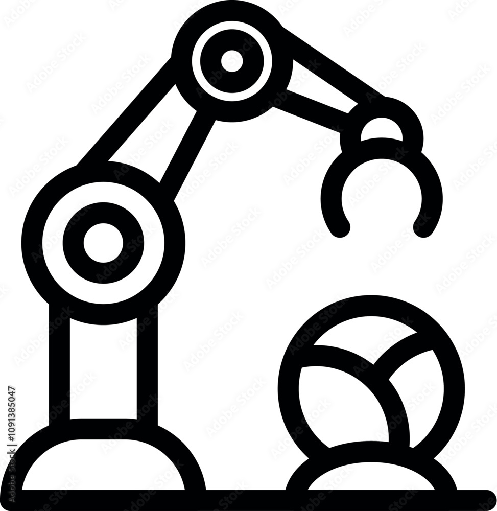 Poster robotic arm picking up ball, representing automation and industrial processes in a simple line style