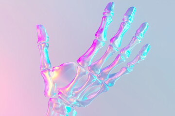 Obraz premium A holographic skeleton hand in pastel neon tones, showcasing vibrant colors and translucent design. This artistic representation evokes sense of modernity and creativity