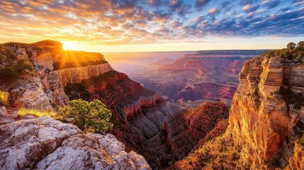 Fototapeta premium A stunning sunrise over the Grand Canyon, showcasing vibrant colors and dramatic rock formations.