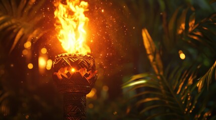 A vibrant tiki torch ignites with a bright flame, casting a warm glow amid lush green foliage and tropical ambiance.