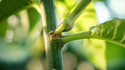 Worm Infestation on Cocoa Plant Stem Highlighting Impact of Pests with Selective Focus on Damage and Surrounding Green Leaves