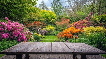 Naklejka premium Wooden table in the foreground overlooking a lush garden filled with vibrant blooming flowers in various colors, creating a serene outdoor atmosphere.