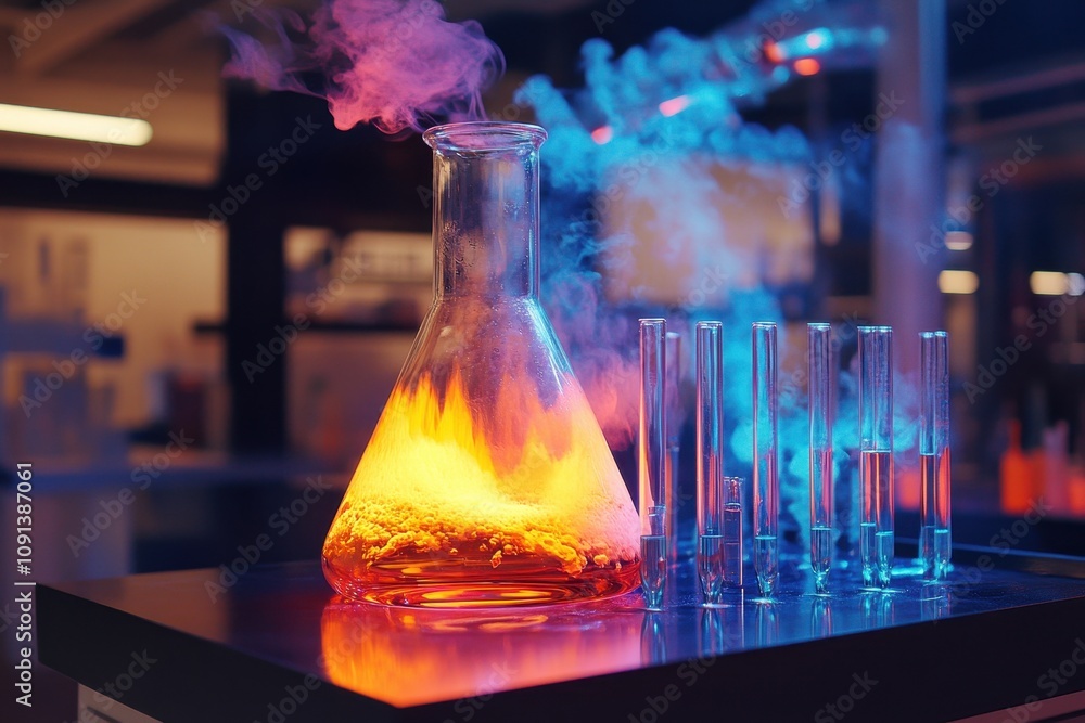 Poster a colorful laboratory setup with a flask and test tubes, showcasing a scientific experiment.