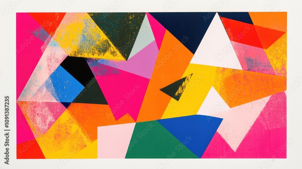 Poster vibrant abstract artwork showcasing interlocking triangles and squares with a bold color palette and