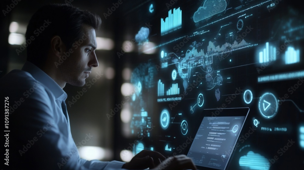 Aufkleber A focused professional analyzes complex data on a laptop while surrounded by interactive digital displays in a sleek, modern office.