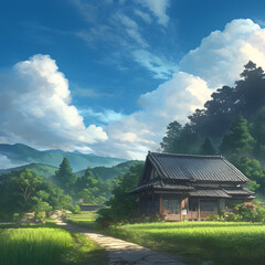 A traditional Japanese house in the countryside, with a soft cloudy sky, diffused light casting a serene glow over the wooden structure, surrounded by lush green field. Created using generative AI.