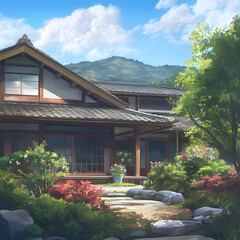 A traditional Japanese house in the countryside, with a soft cloudy sky, diffused light casting a serene glow over the wooden structure, surrounded by lush green field. Created using generative AI.
