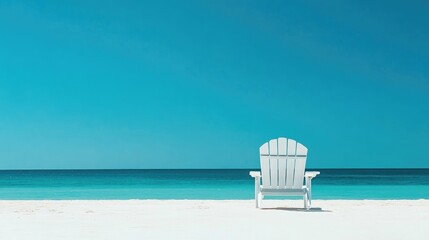 Obraz premium Lone white Adirondack chair on a pristine sandy beach overlooking tranquil turquoise waters under a clear blue sky, ideal for summer getaway promotions.