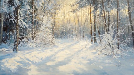 Sunlight Filtering Through Snow-Covered Trees in a Serene Winter Woodland Landscape