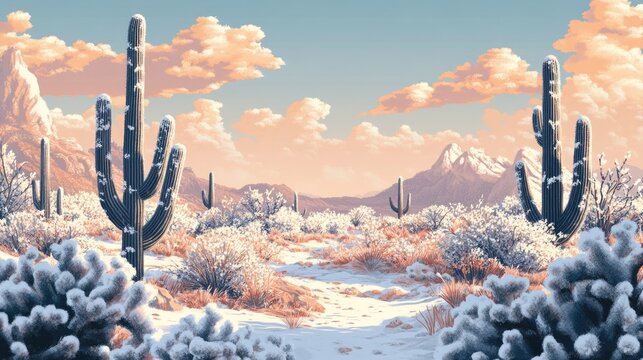 Desert landscape showcasing majestic saguaros and fluffy chollas blanketed in a soft layer of snow under a serene sky with pastel clouds.