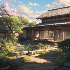 A traditional Japanese house in the countryside, with a soft cloudy sky, diffused light casting a serene glow over the wooden structure, surrounded by lush green field. Created using generative AI.
