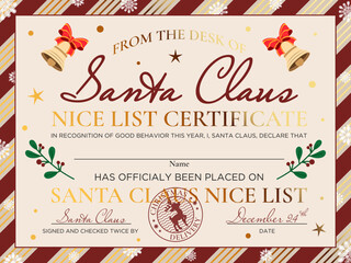 New Year Official Nice List Certificate, Letter From The Desk Of Santa, North Pole Mail With Golden Elements