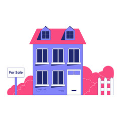 Fototapeta premium House With For Sale Sign In Flat Vector Illustration Symbolizing Real Estate, Property Sales, And Housing Market, Isolated On White Background.