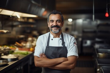 Fototapeta premium Portrait of a middle aged Hispanic chef in kitchen